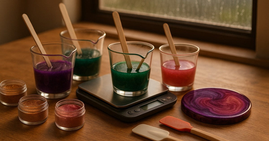 Resin pigment ratio guide — mica powders and colored epoxy resin pours in jewel tones on a craft table with monsoon light
