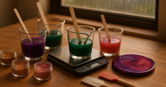 Resin pigment ratio guide — mica powders and colored epoxy resin pours in jewel tones on a craft table with monsoon light