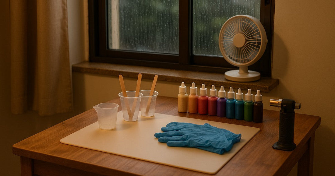 Compact resin art workspace on a small table in an Indian apartment during monsoon, showing silicone mat, mixing cups, stir sticks, blow torch, and gloves with a fan near the window for ventilation