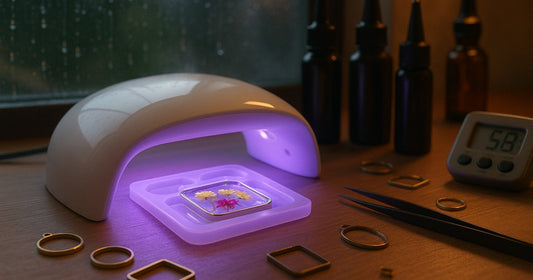 A 36W UV curing lamp illuminating resin jewelry bezels on a craft workstation during Indian monsoon season