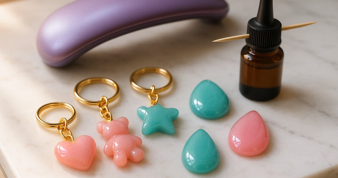 Glossy UV resin dome finish on resin keychains and pendants with UV lamp and resin bottle on marble surface