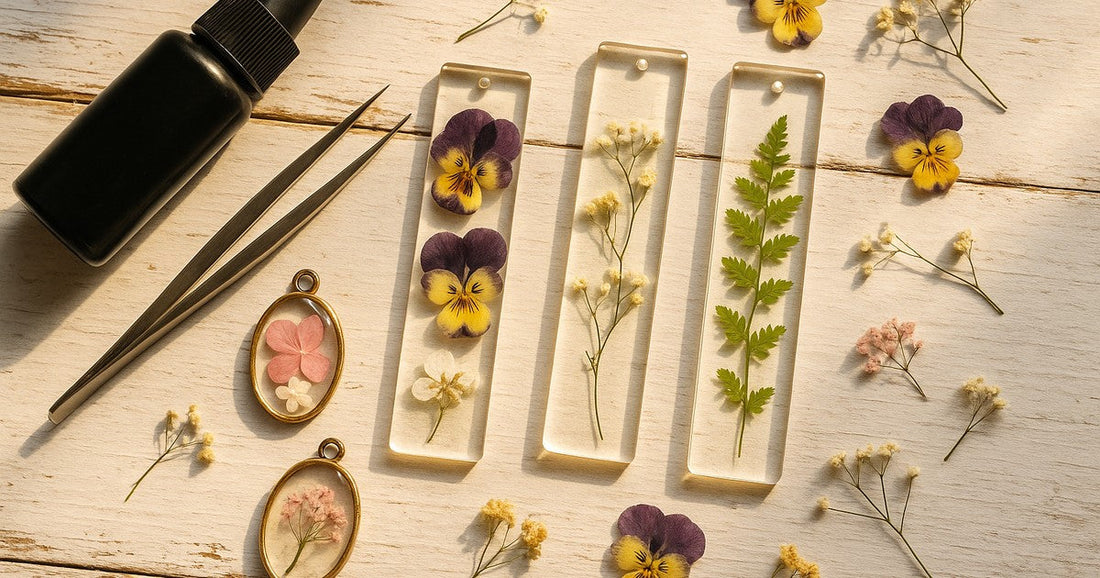 UV resin dried flowers bookmarks and pendants with pressed pansies and baby's breath on a white wooden surface