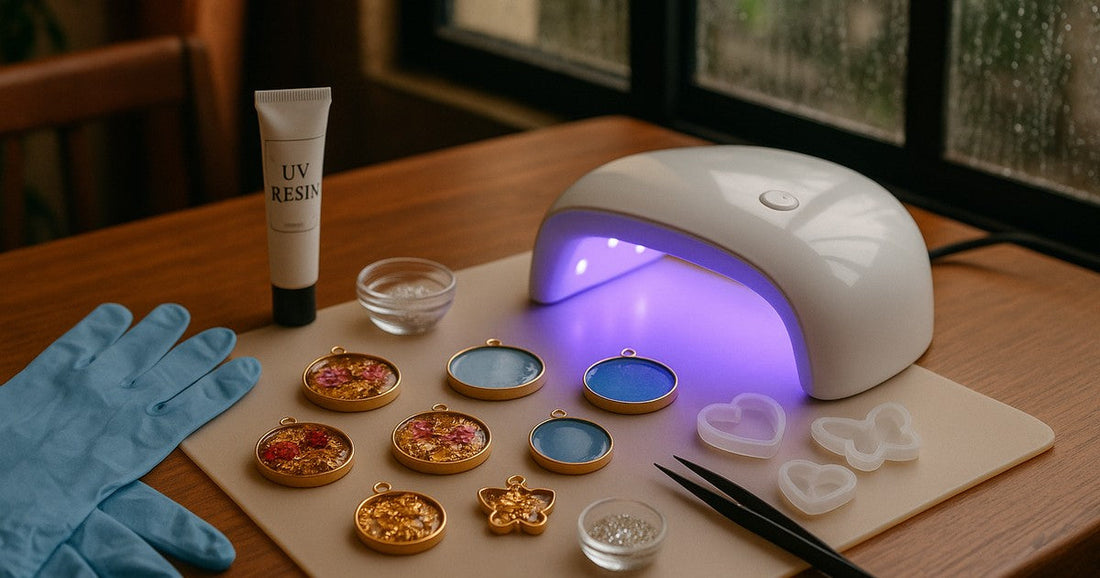 Compact UV resin jewelry bezel workspace on a dining table in an Indian apartment during monsoon season, with UV lamp, metal bezels, silicone moulds, and dried flower inclusions