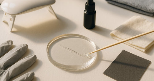 UV resin repair process for a scratched epoxy resin coaster with UV lamp and sandpaper on a craft table