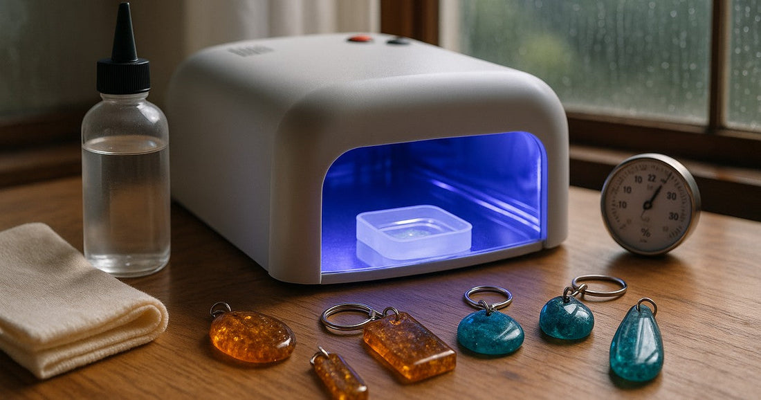UV resin curing setup with lamp, silicone mould, and finished pendants on a wooden craft table during monsoon season in India
