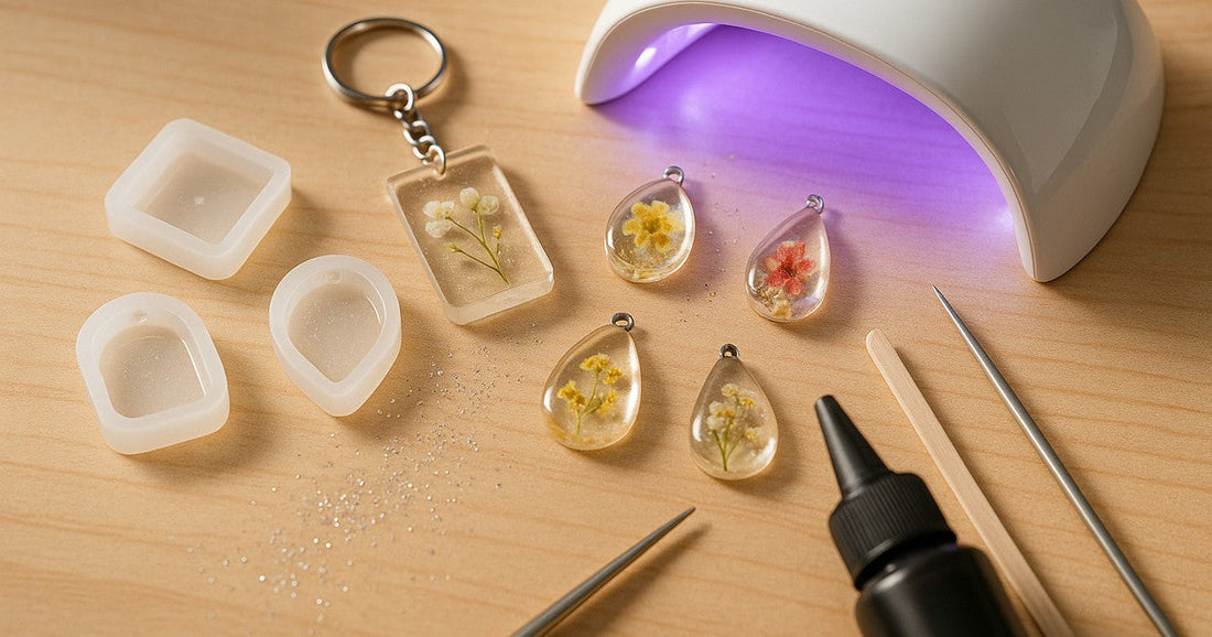 UV resin keychains and pendants curing under a UV lamp alongside silicone jewellery moulds on a craft table