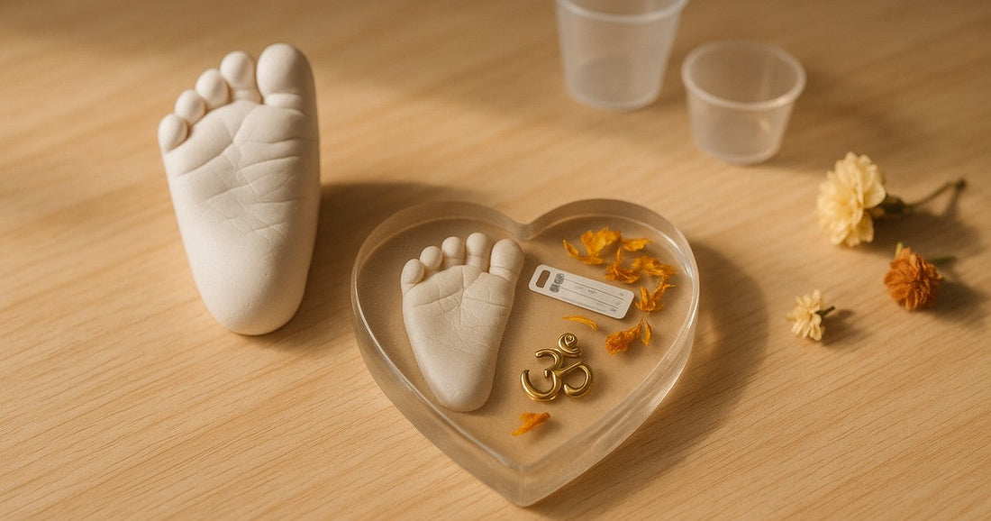Clear resin heart frame with newborn footprint, hospital tag, and dried marigold petals on a wooden craft surface
