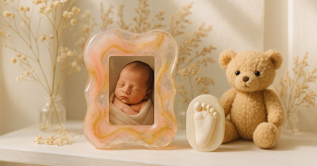 Personalized resin baby photo frame with newborn photo on a nursery shelf with soft lighting