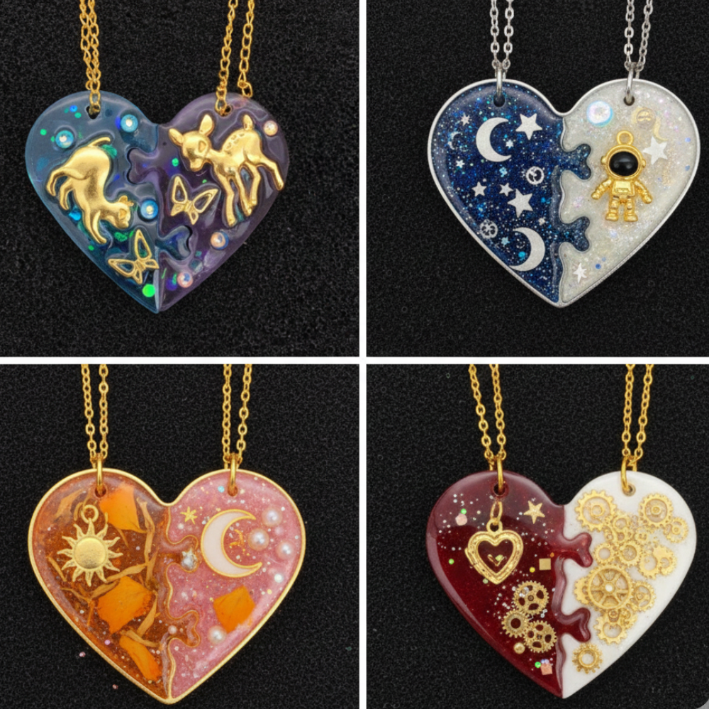 Close-up of broken heart resin mould set showing keychain and pendant cavity detail