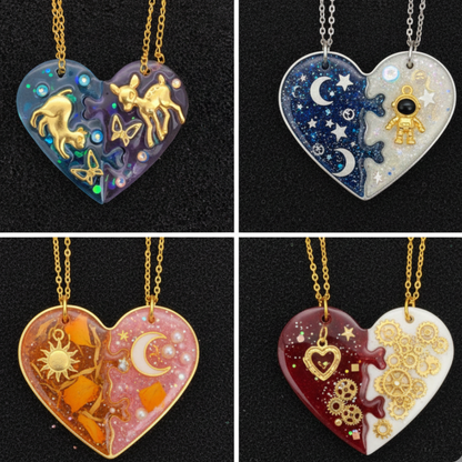 Close-up of broken heart resin mould set showing keychain and pendant cavity detail