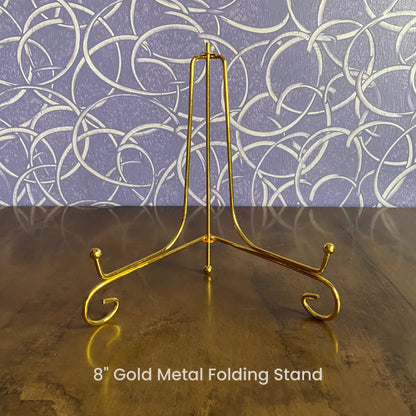 Gold metal folding stand open position for tabletop art and canvas display