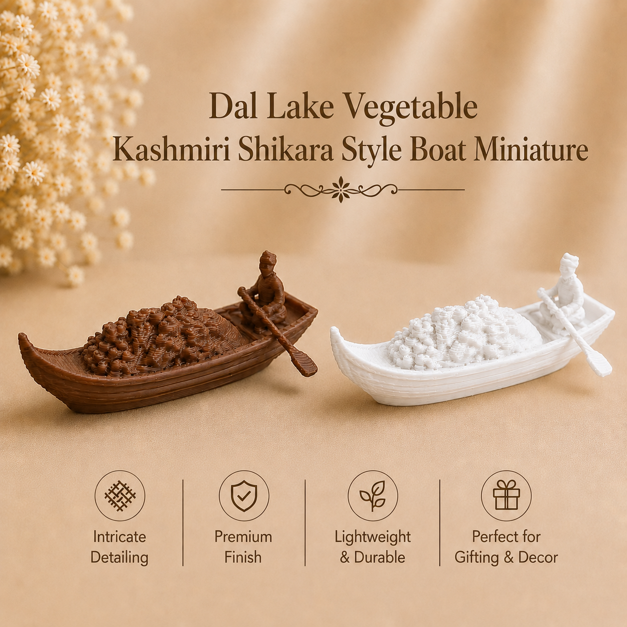 Handcrafted Kashmiri shikara style vegetable boat miniature inspired by Dal Lake floating market, Srinagar