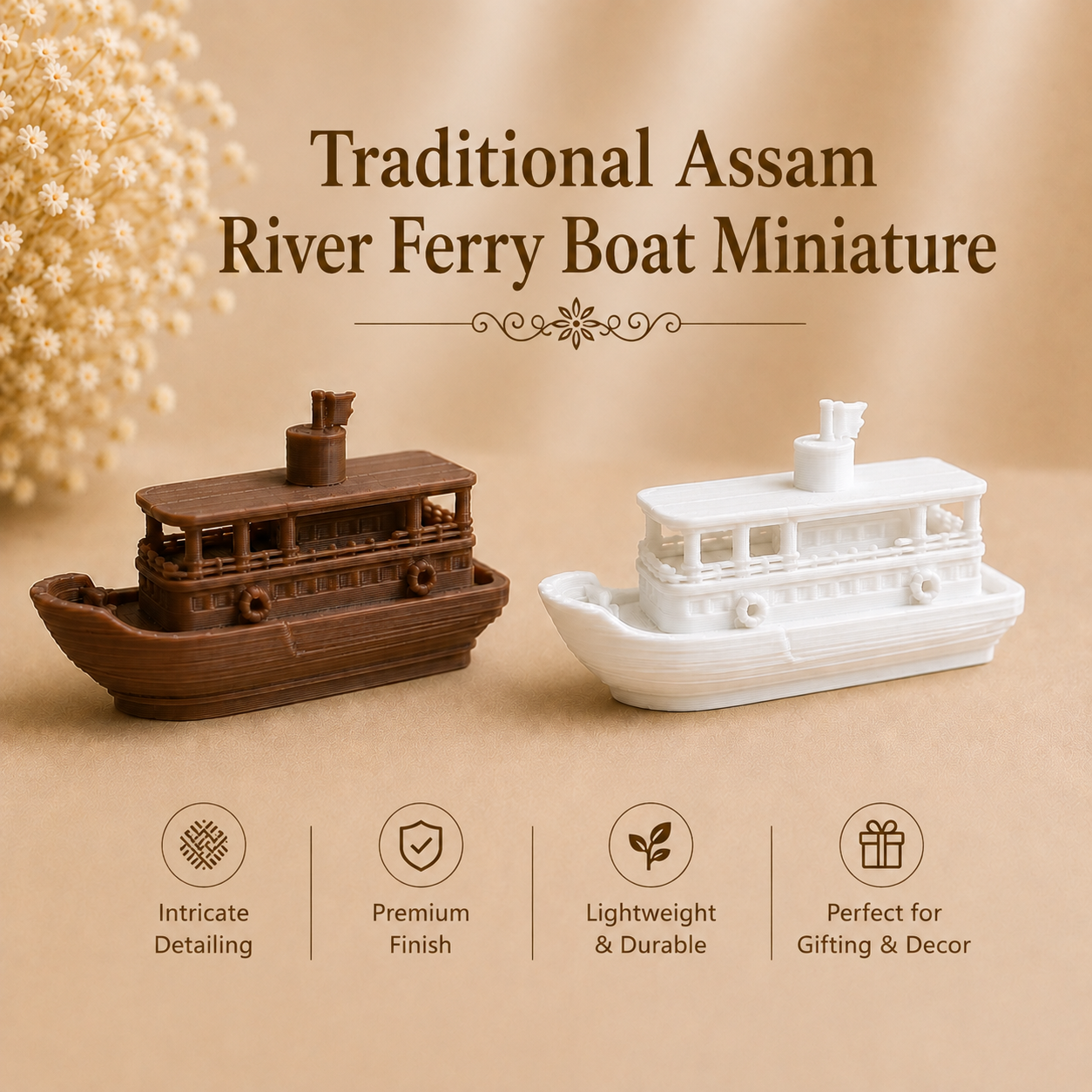 Handcrafted traditional Assam river ferry boat miniature showpiece displayed on a wooden surface