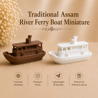 Handcrafted traditional Assam river ferry boat miniature showpiece displayed on a wooden surface