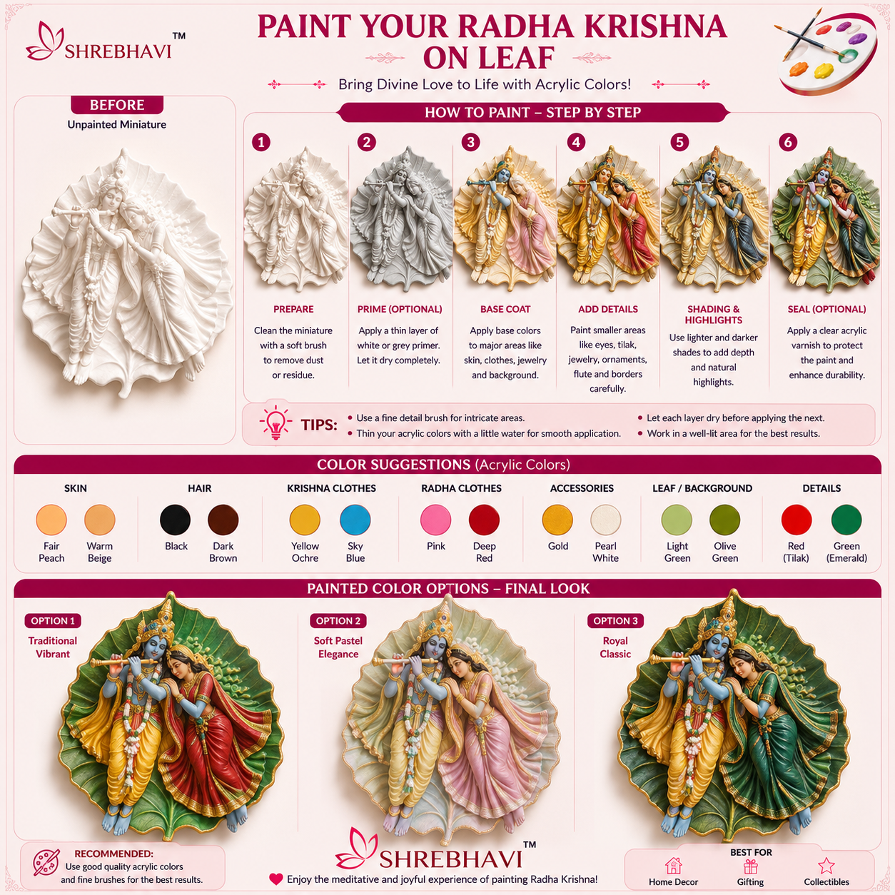 Handcrafted Radha Krishna on leaf miniature made with epoxy resin, displayed on a shelf as spiritual home decor