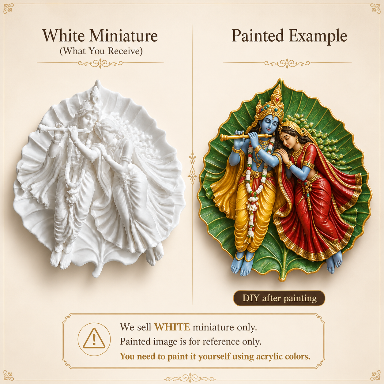 Handcrafted Radha Krishna on leaf miniature made with epoxy resin, displayed on a shelf as spiritual home decor