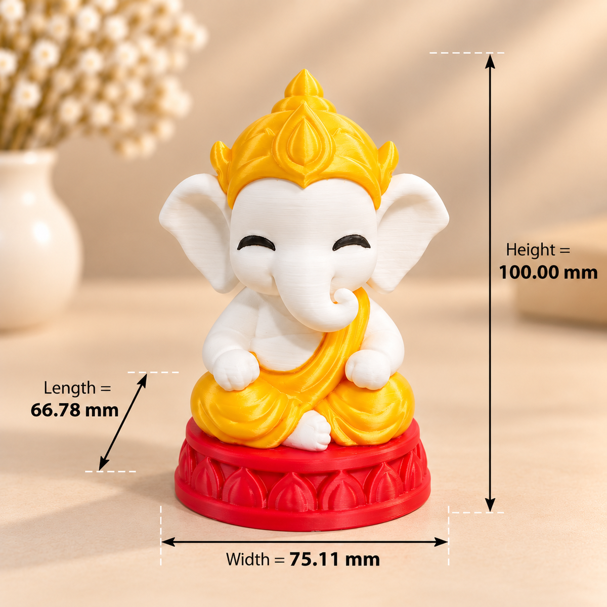 Multicolor Lord Ganesha 3D printed miniature figurine with detailed trunk, crown, and ornate finish, displayed on a white sur