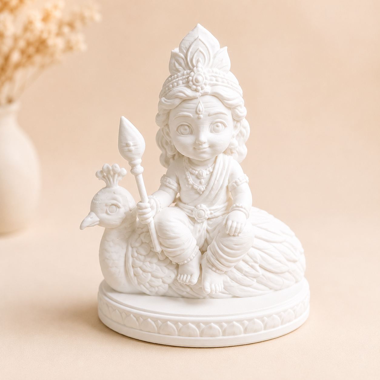 Cute Lord Kartikeya Murugan with peacock 3D printed miniature figurine for resin art and home decor