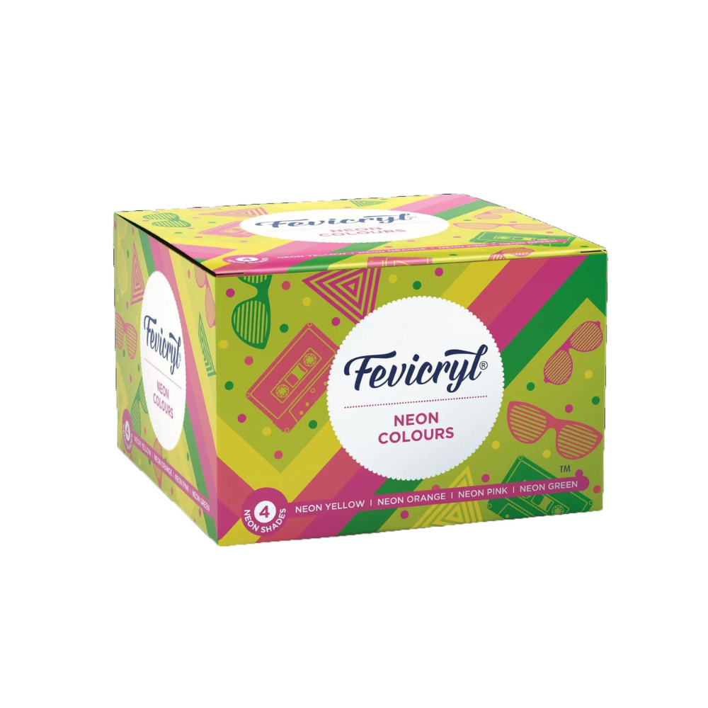 Fevicryl Acrylic Neon Colours Set of 4 shades, 15ml each, for art and craft painting