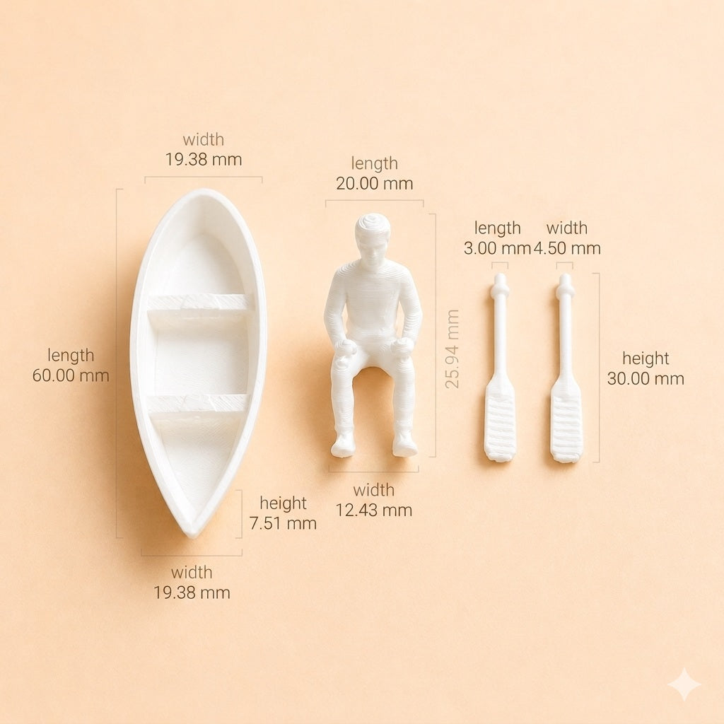 Miniature boat and paddling man figurine for terrarium and resin scene decor