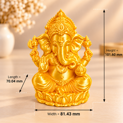 Golden Ganesha 3D printed miniature figurine in silk gold PLA with satin finish, displayed on a wooden surface