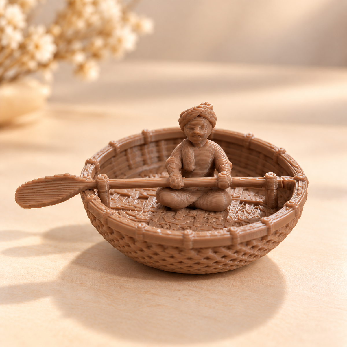 3D printed Indian coracle teppa round boat miniature for resin art and diorama projects
