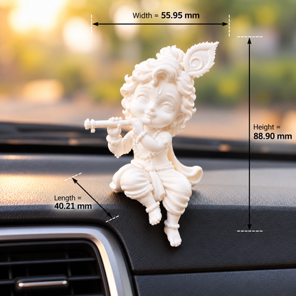 White 3D printed sitting Bal Krishna playing flute idol for car dashboard and desk decor by Shrebhavi