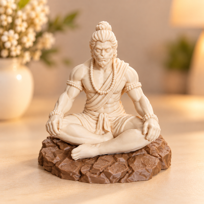 Bajrangbali meditating 3D printed idol with rock base, shown from front angle, suitable for resin art and home decor