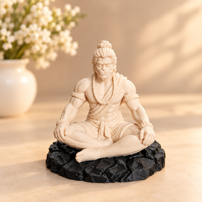 Bajrangbali meditating 3D printed idol with rock base, shown from front angle, suitable for resin art and home decor