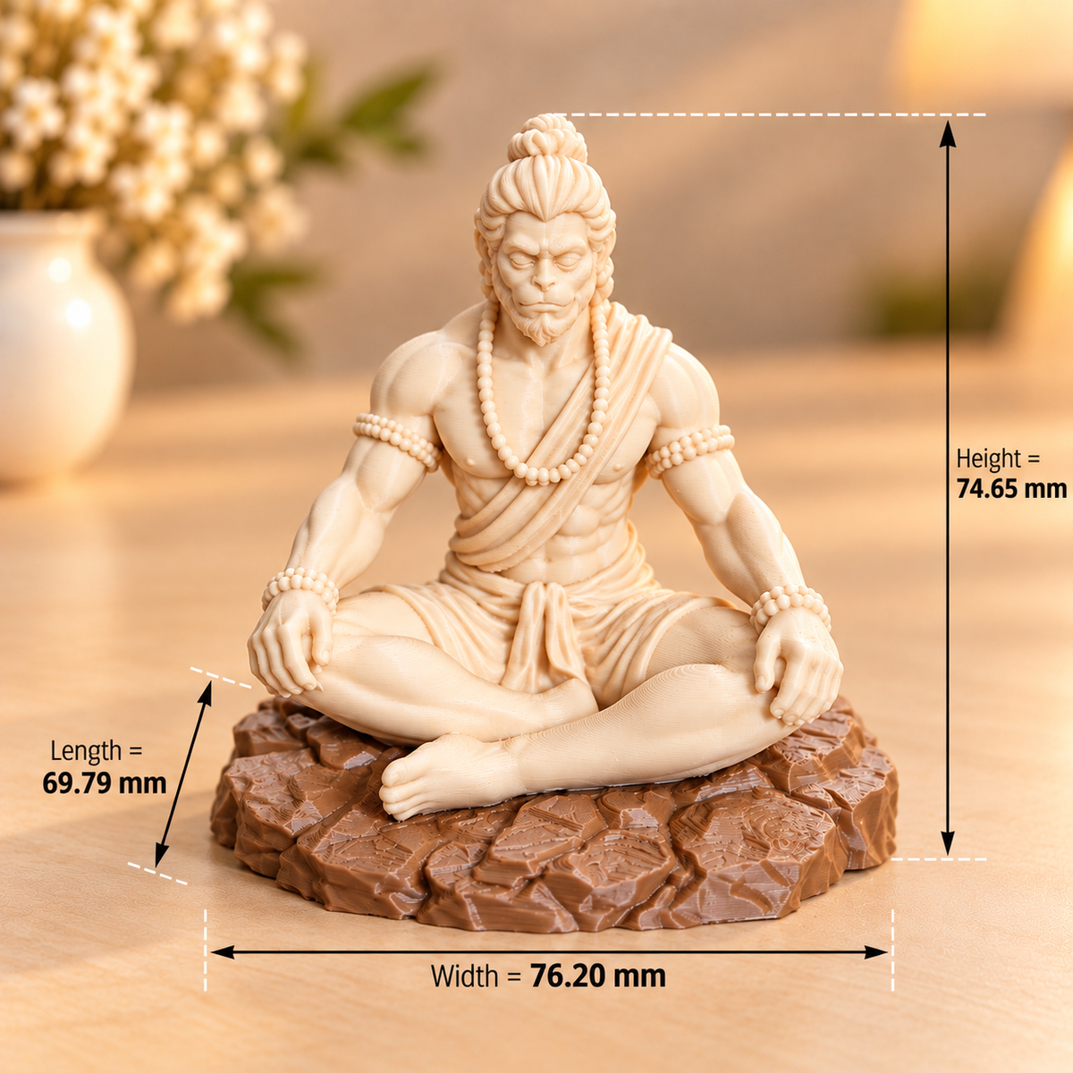 Bajrangbali meditating 3D printed idol with rock base, shown from front angle, suitable for resin art and home decor