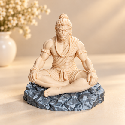 Bajrangbali meditating 3D printed idol with rock base, shown from front angle, suitable for resin art and home decor