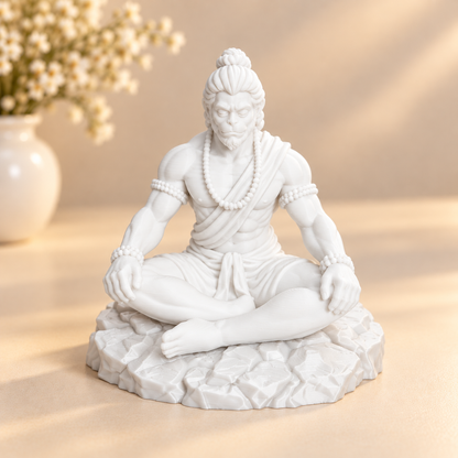 Bajrangbali meditating 3D printed idol with rock base, shown from front angle, suitable for resin art and home decor