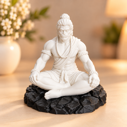 Bajrangbali meditating 3D printed idol with rock base, shown from front angle, suitable for resin art and home decor