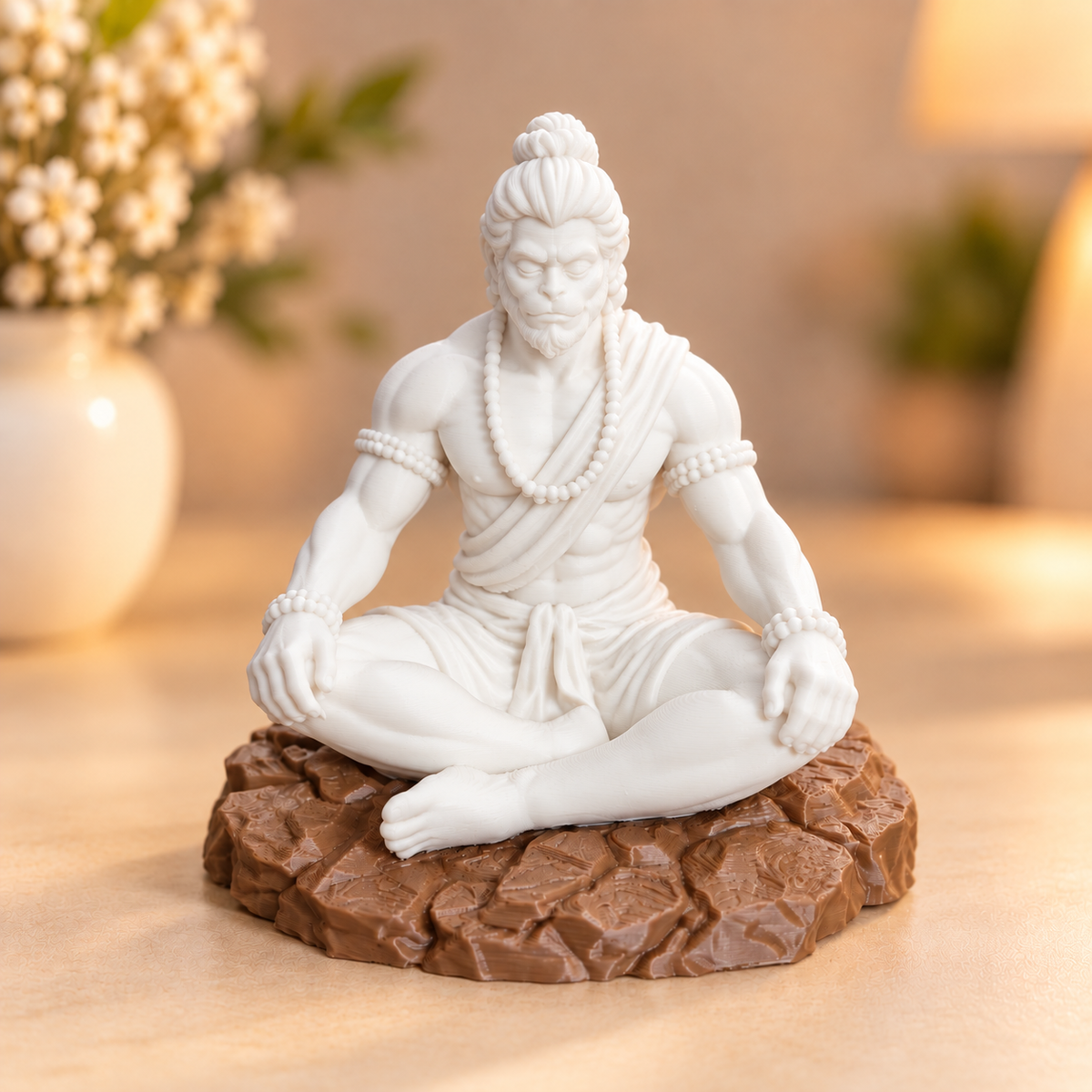 Bajrangbali meditating 3D printed idol with rock base, shown from front angle, suitable for resin art and home decor