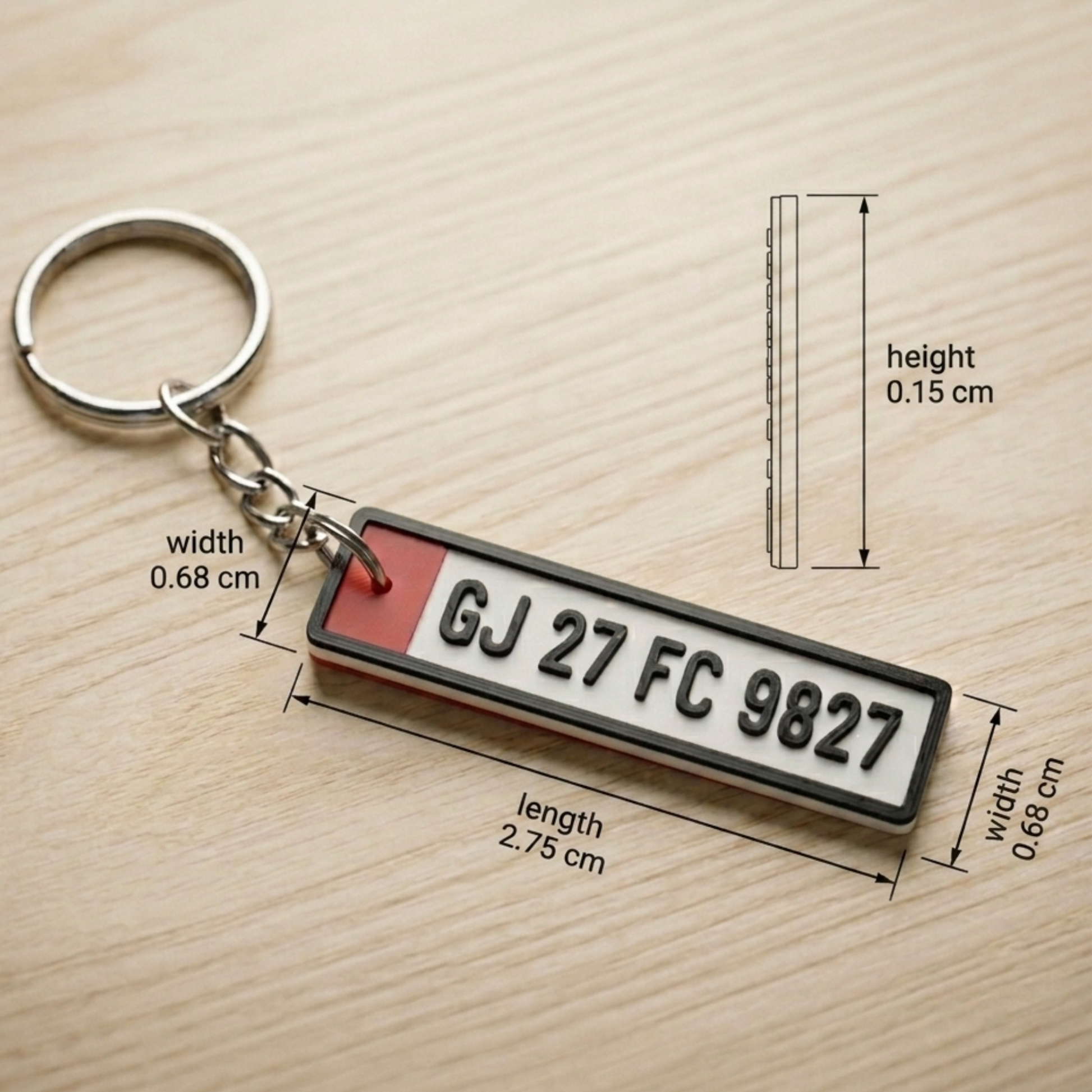 3D printed number plate keychain close-up showing custom name and plate design