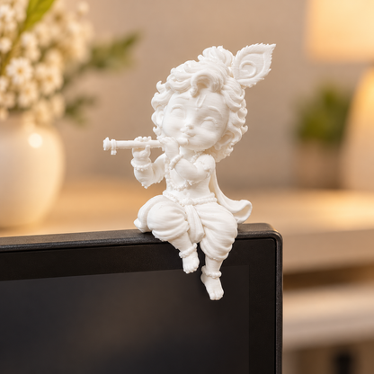 White 3D printed sitting Bal Krishna playing flute idol for car dashboard and desk decor by Shrebhavi
