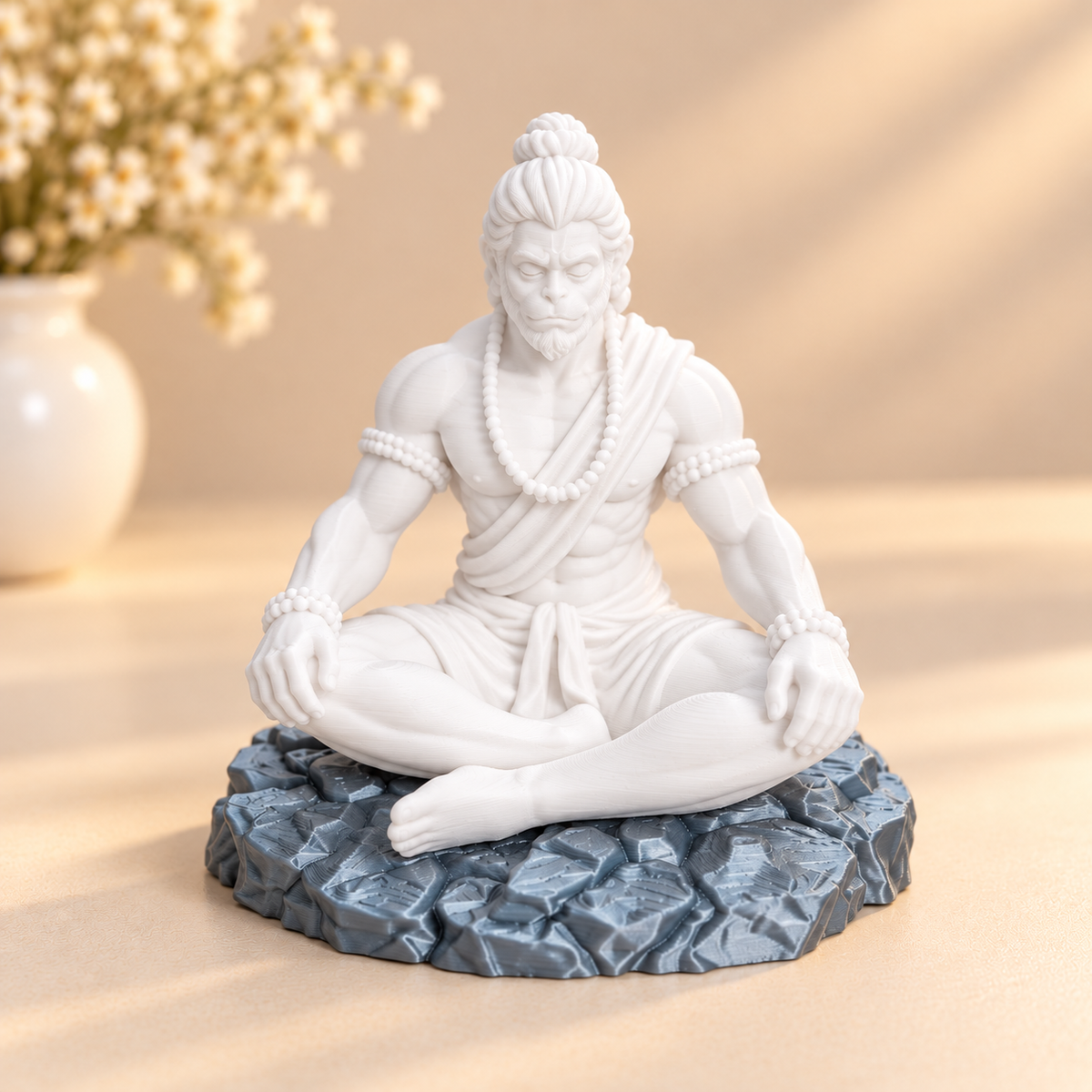 Bajrangbali meditating 3D printed idol with rock base, shown from front angle, suitable for resin art and home decor