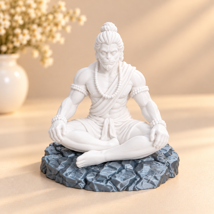 Bajrangbali meditating 3D printed idol with rock base, shown from front angle, suitable for resin art and home decor